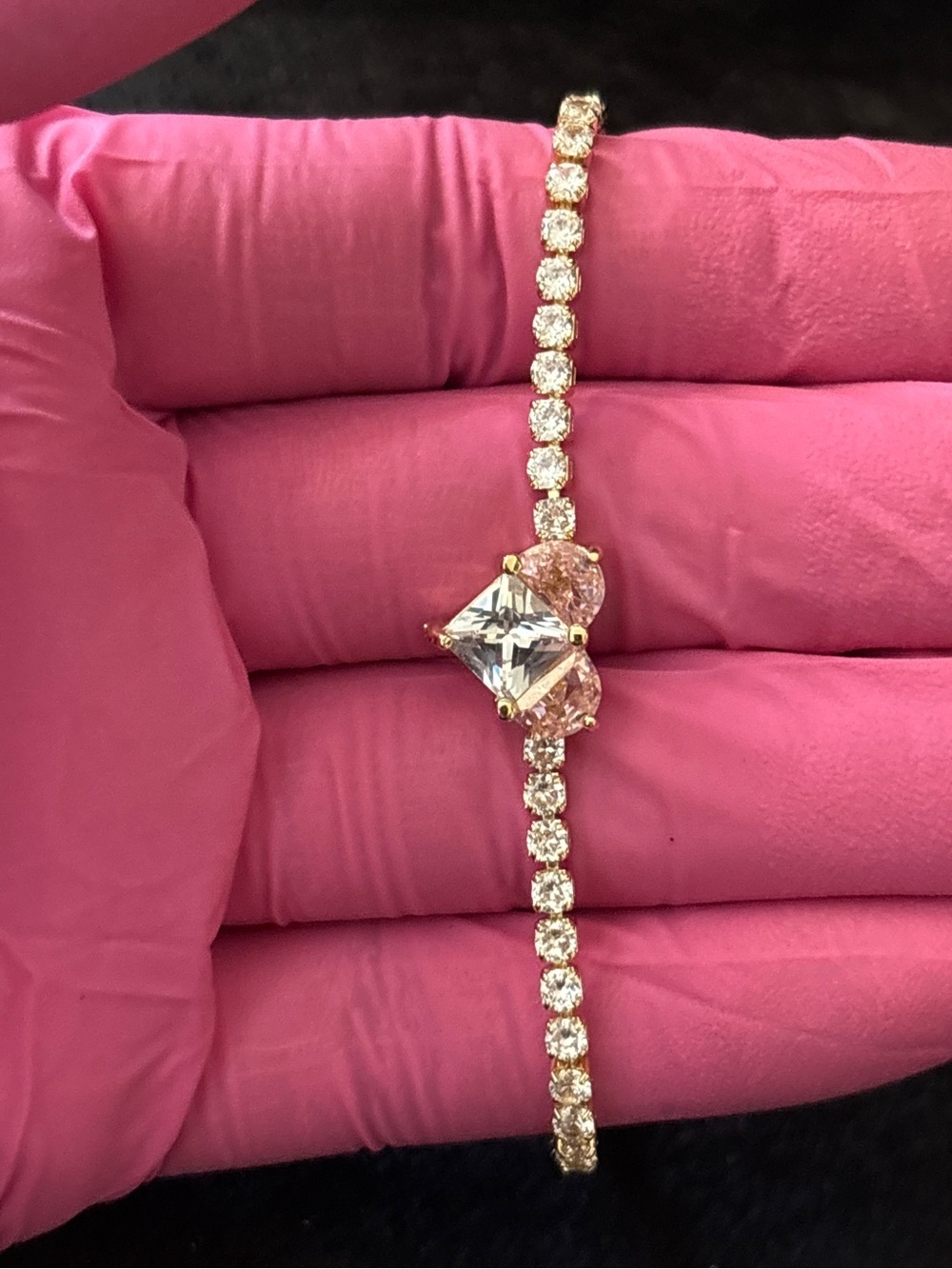 2.7mm Yellow Gold Pink Heart CZ Tennis Bracelet 8 in.